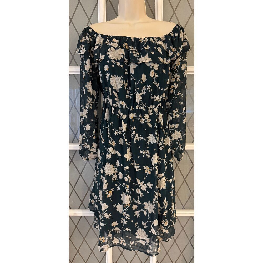 Torrid Chiffon Hunter Green Floral On/Off Shoulder Skater Mini Dress Size 1X - Picture 2 of 6